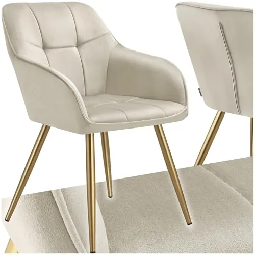 tectake® Sillas de Comedor Elegantes, Tapizado Aterciopelado, Respaldo Continuo, Sillas Comedor Modernas, Silla Dormitorio, Silla Nordica, Butacas de Salon, Silla Tocador - 1 Silla Crema