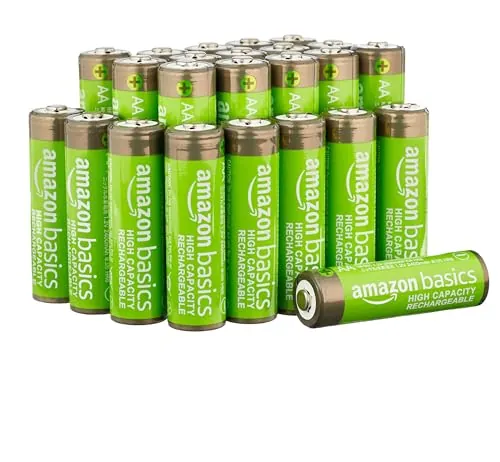 Amazon Basics paquete de 24 baterías AA NiMH recargables, 2400 mAh, 1,2 V, se recargan hasta 400 veces, precargadas