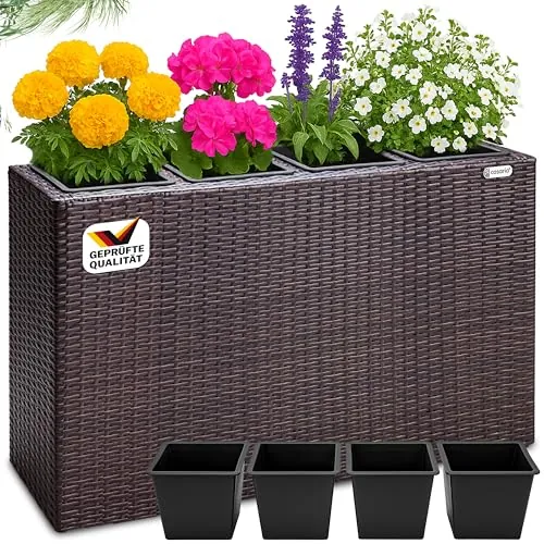 CASARIA Jardinera Exterior Poliratán 4 Macetas con Drenaje Marrón