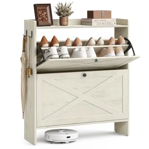 VASAGLE Mueble Zapatero Estrecho, Mueble Zapatero, con 2 Puertas Abatibles, Ganchos, 83 x 24 x 102,2 cm, Blanco, para Entrada, Pasillo, Colección Hains HSC203WJ01