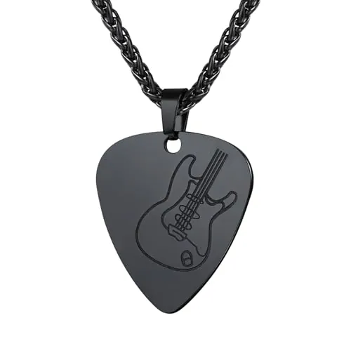 U7 Collar Hombre Colgante de Púa de Guitarra Acero Inoxidable Color Negro Colgante Música Plectro con Guitarra Regalos para Niño Rapero Guitarristas de Rock