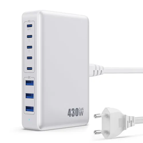 Feob 430W Cargador USB Multiple, 8 Ports 100W PD GAN IV Cargador Carga Rápida QC PPS,Enchufes USB C Alimentador Multiple Tipo c Compatible con MacBook Air/Pro, iPhone, iPad Pro, Galaxy