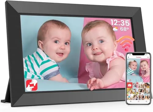 Frameo Marco de Fotos Digital WiFi 10.1 Pulgadas, Memoria Incorporada 32GB, HD 1280x800 IPS, Pantalla Táctil para Fotos/Videos, Soporte Multilingüe, Rotación Automática, Montaje en Pared