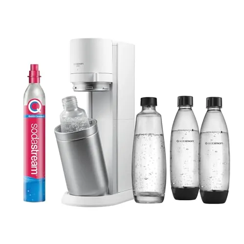 El gasificador de agua Duo incluye un cilindro de gas para preparar hasta 60 litros de agua con gas, 2 botellas de plástico de 1L, 2 botellas de cristal de 1L,reduce residuos de plástico, color blanco