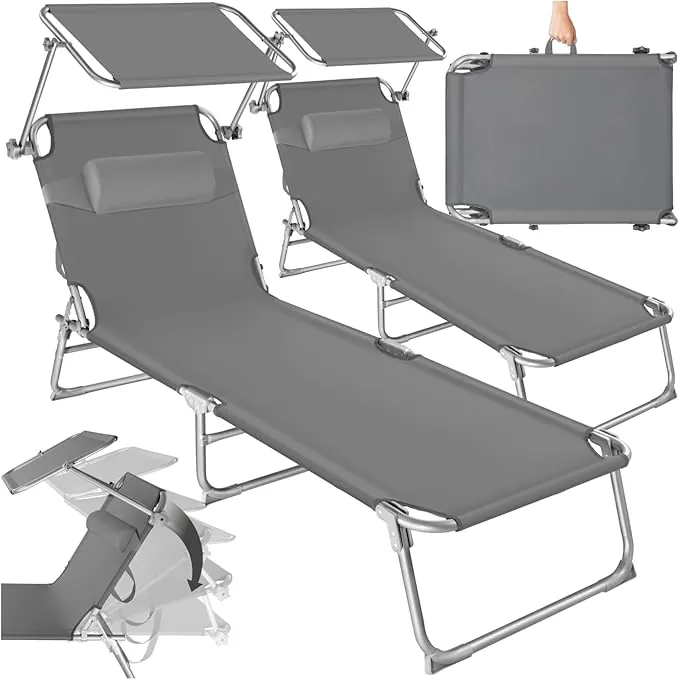 tectake® Set de 2 Tumbonas Jardín Exterior con Parasol y Respaldo Regulables, Tumbona Plegable con Reposacabezas, para Playa Resistente a la Intemperie, Tumbona Piscina Carga Máx. 110 kg - Gris