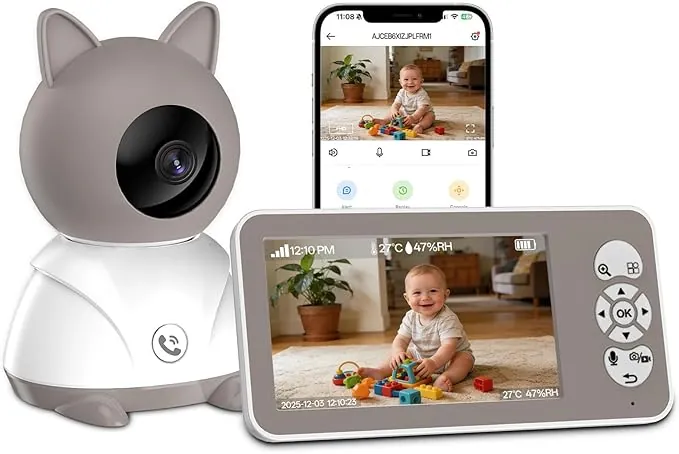 Camara Vigilancia Bebe 2K/5” - Vigilabebes con Camara Bebe con PTZ 355°/60° + Zoom 4X Visión Nocturna IR Detección Movimiento Auto, VOX, Temp/Humedad Grabación