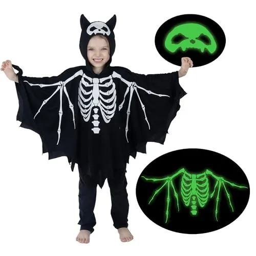 Sincere Party Glow In the Dark Murciélago Cape - Disfraz de esqueleto para niños de 7-9 años