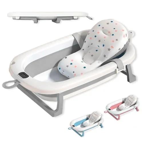 JUPPLIES Bañera Bebé Plegable con Cojín Ergonómico, Termómetro Digital y Patas Antideslizantes | Portátil, Compacta y Segura para Recién Nacido (Gris SIN estructura metálica)