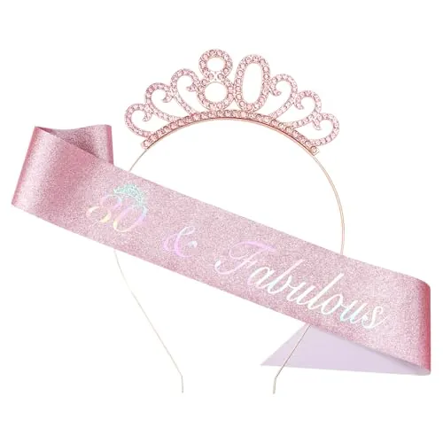 80 Años Cumpleaños Mujer Corona Sash Kit, Sash Corona Cumpleaños Decoracion, Accesorios para el Pelo y Faja para 80 Años Chicas Mujeres (Oro Rosa)