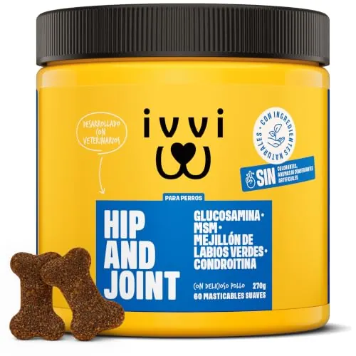 ivvi - Hip and Joint - Articulaciones, Antiartrosis - Complemento Alimenticio para Perros, Altamente Concentrado - MSM, Mejillón de Labio Verde, Glucosamina - 60 Golosinas de Pollo, 270g