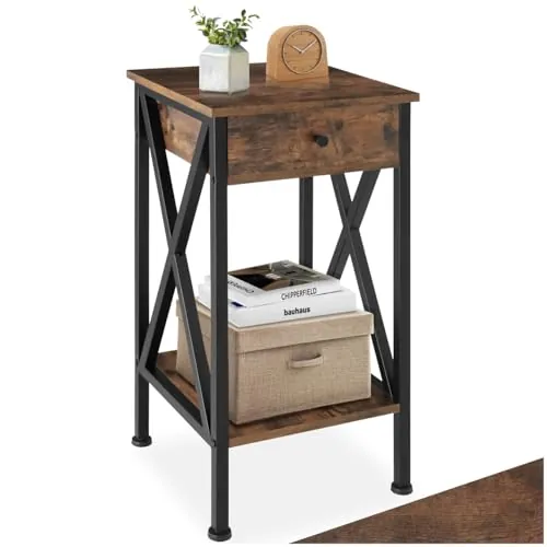 tectake® Mesita de Noche Estilo Industrial con Estante, Pies Ajustables, Mesitas de Noche, Mesa Auxiliar, Mesas Auxiliares, Decoracion Hogar - 35 x 35 x 70,5 cm Madera Industrial Oscura, Rústica
