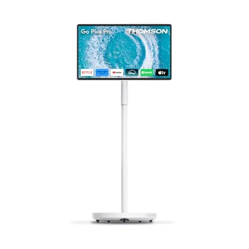 THOMSON Go Plus Pro Pantalla Táctil Inteligente 27 Pulgadas (69 cm) 4K UHD, Android, Control por Voz, Hotspot, Batería 9000 mAh, Cámara 5MP, Subwoofer, WiFi 6, Bluetooth, Soporte Portátil - Blanco
