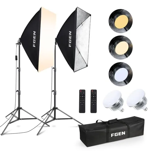 Softbox LED Set, FGen Foco Fotografía 2 x 50 x 70cm con 85W Bombillas LED y 2 Control Remoto, Temperatura Regulable 2700-6400K, Iluminacion Fotografia para Fotos, Retratos, Filmación, Estud,Youtube
