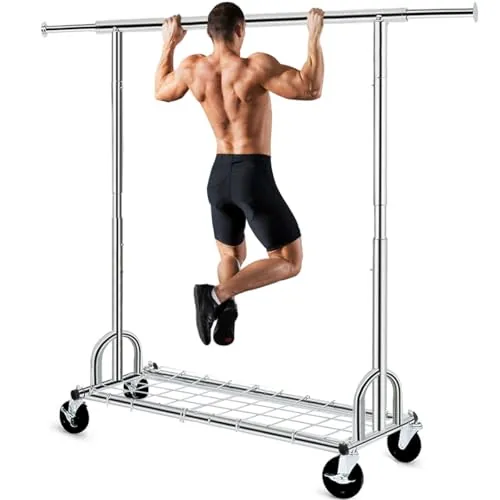 HOKEEPER Burro de Ropa Resistente 238kg, Barra Extensible con Ruedas Bloqueables y Estante, Ahorra Espacio para Dormitorio, Apartamento, Lavandería, Plateado