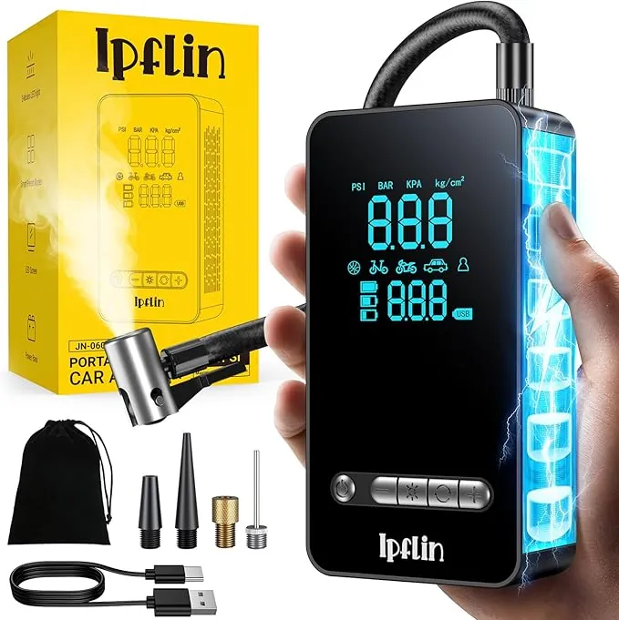 Inflador Ruedas Coche Compresor Aire Portatil - Inflador Electrico 150PSI con Función de Parada Automática, Hinchador Ruedas para Coche Moto Bicicleta Bola, Pantalla Digital y Luz LED, Nueva Versión
