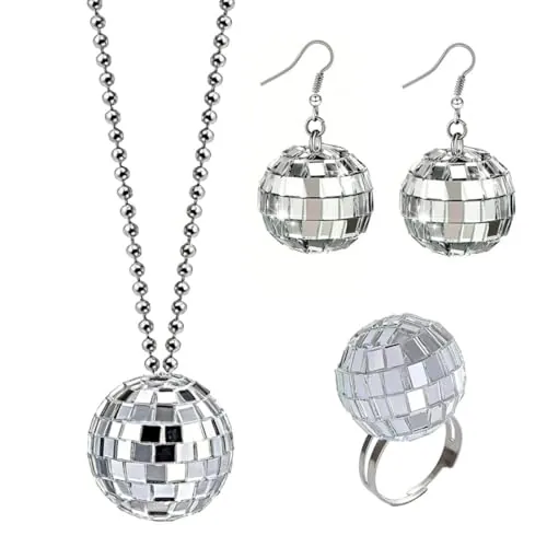 AUGTYRLV 3 piezas Pendientes discoteca retro plata mujer pack joyería espejo bola colgante anillo collar accesorios fiesta carnaval años 70 para baile eventos nocturnos