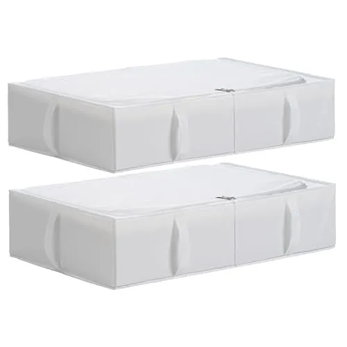 TYEERS Caja de Almacenaje Bajo la Cama con Tapa, Tela Duradera, Lavable, Plegable, Organizador Armario para Ropa, Mantas, Sábanas, Zapatos, 70x42x18 cm, Paquete de 2, Blanco