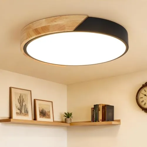 Kimjo Madera Lampara Techo LED Dormitorio Negra, 24W Plafon LED Techo 30cm