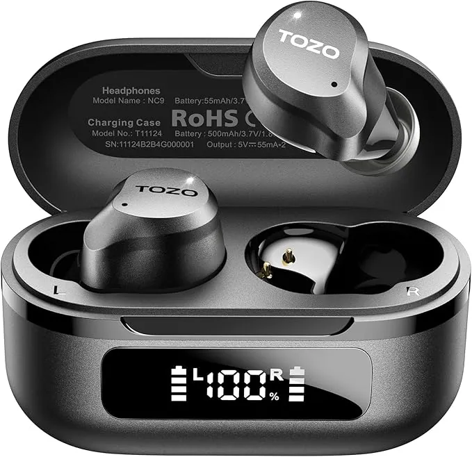 TOZO Hybrid Auriculares Inalámbricos Bluetooth 5.3 ANC Híbrida 6 Mics ENC, Reducción de Ruido 45dB, ORIGX 2.0 Acústico 32 EQs, 60H, Pantalla LED, USB Tipo C, IPX8, para Oficina y Commuting, Negro