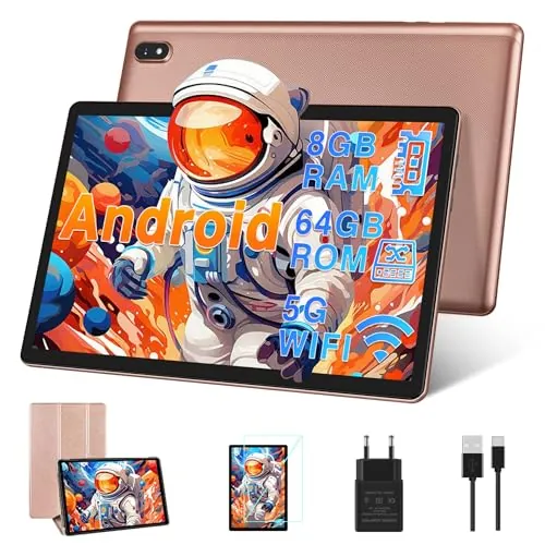 DMOAO Tablet 10 Pulgadas Android con 5G Wi-Fi, HD Tablets con 8GB RAM + 64GB ROM (Ampliable hasta 1TB), GPS, 8 Cores 2.0 GHz, Bluetooth 5.0, 1280 * 800 IPS, USB-C, 6000 mAh, Oro