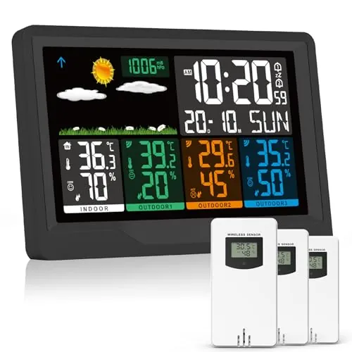 Qxmcov Estación Meteorológica con 3 Sensores, Estacion Meteorologica Interior Exterior, Higrómetro Termómetro Digital, Pantalla LCD Color, Monitor de Temperatura y Humedad para Casa y Oficina