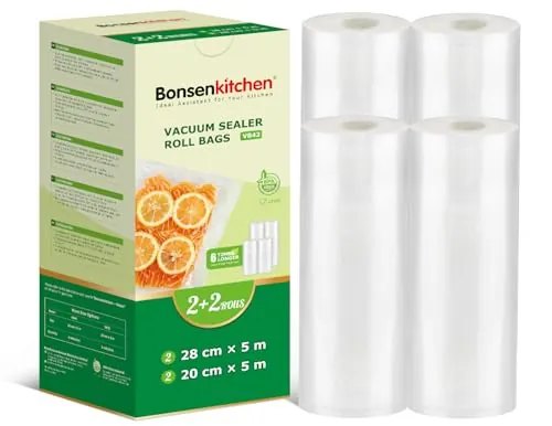 Bonsenkitchen Bolsas Envasar al Vacio Alimentos, 2 Rollos 20 x 500cm+2 Rollos 28 x 500cm, para Conservación de Alimentos al Vacío y Cocción Sous Vide, Sin BPA, VB42