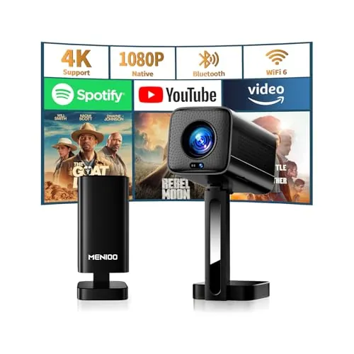 Mini Proyector 4K 1080P Full HD, 2026 Upgraded Proyector Portátil [Built-in Apps & Auto Focus] con Auto Keystone y 90° Rotable con WiFi 6 Bluetooth 5.4 con HDMI/TV Stick/USB/Laptop - Negro