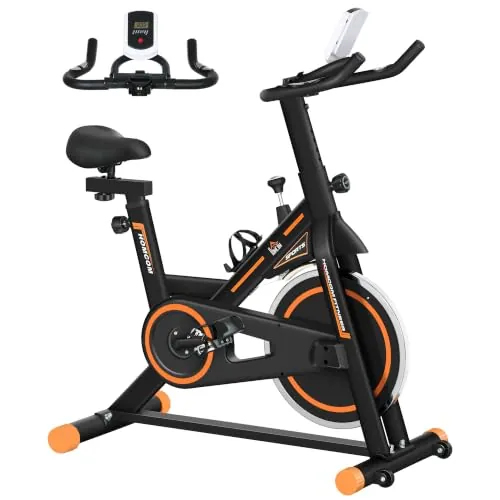 HOMCOM Bicicleta Estática con Volante 8 kg Pantalla LCD Negro y Naranja | Bici Estática, Resistencia Ajustable, Silencioso, Asiento Ajustable, Soporte Tableta, Ruedas, Carga 120 kg, Casa Gimnasio