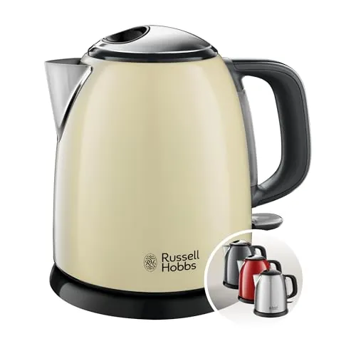 Russell Hobbs Hervidor de Agua Eléctrico Colours Plus - 1 litro, Hervidor Pequeño, 2400 W, Filtro Extraíble, Zona de Ebullición Rápida, Base de 360°, Indicador Nivel de Agua, Inox., Crema - 24994-70