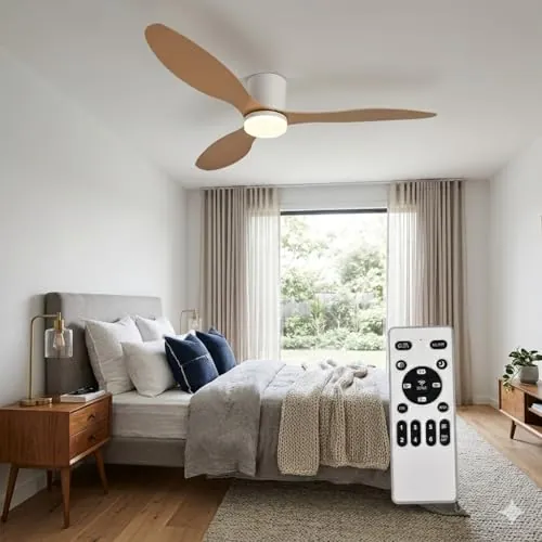 Ventilador de Techo Grande con Luz y Mando 132cm (52"), Motor DC Silencioso, 3 Aspas Plástico Efecto Madera Clara, LED Regulable, Estilo Nórdico para Salón, Blanco y Madera