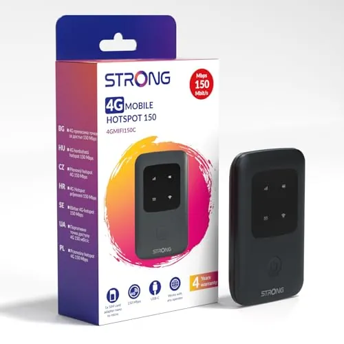 Strong Router WiFi Portátil con SIM, 4G LTE CAT4 150 Mbps en Descarga, Hotspot WiFi Portátil para Viajes, Conecta hasta 10 Dispositivos, Batería Recargable 2100mAh, USB-C, Función Power Bank (150C)