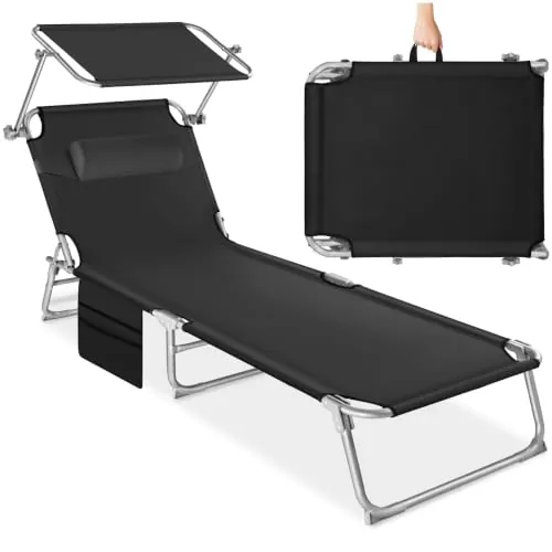 tectake® Tumbona 190x68x111 cm, Plegable, Ajustable 6 Posiciones, Resistente a Intemperie, Transpirable, con Toldo, Reposacabezas, Bolsillo Lateral y Asa Transporte; Tumbona Jardín y Acampada - Negra