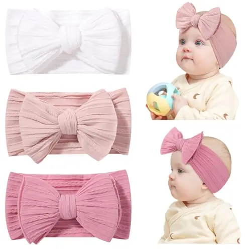 Jollybows 3 Piezas Diadema Bebe Niña, Nailon Diademas Elástica de Bebé Recién con Lazo Banda para Cabeza para Niñas Bebé Pelo Accesorio (Blanco Rosa)