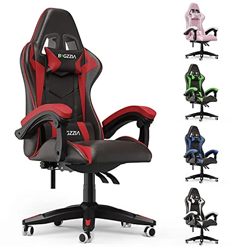 bigzzia Silla Gaming,Silla Ergonómica de Oficina en Cuero PU,Regulable en Altura con Soporte Lumbar y Reposacabezas,Respaldo Reclinable 155°,Silla Gamer Adulto Niño(Rojo)