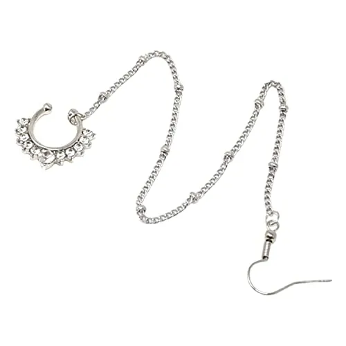 HVRFJXI Anillo de tabique falso, anillos de nariz indios no perforantes con cadena, cadena de oreja Vintage, aros falsos antialérgicos (plata/oro