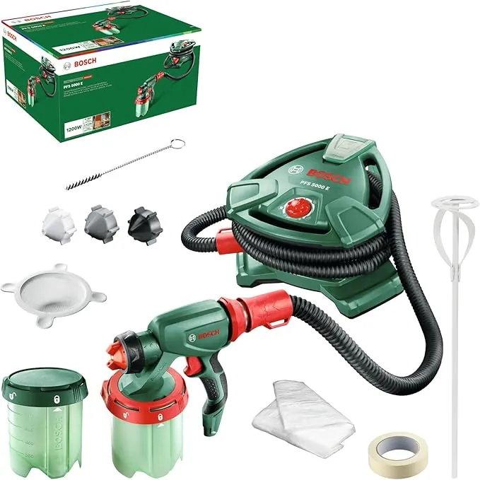 Bosch sistema de Pulverización de pintura PFS 5000 E (1200 W, 2x depósitos de pintura de 1000 ml, boquillas para pinturas murales, lacas de colores y lacas incoloras)