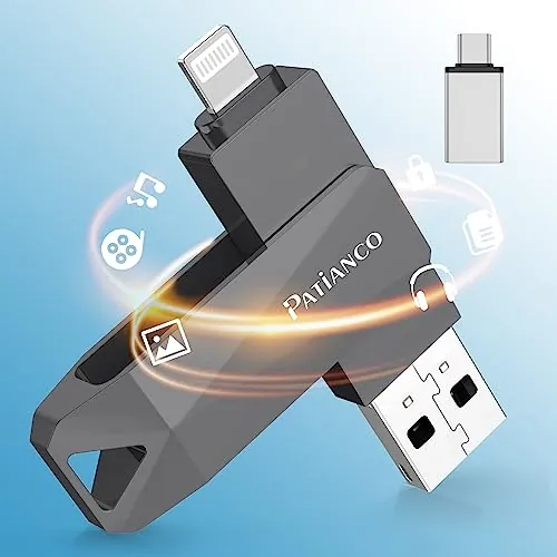 512GB Pendrive USB para iPhone Patianco MFi Certificado USB 3.0 Memoria USB para iPhone iPad 3 en1 Flash Drive Externa Storage Photostick Lightning para OTG Android Smartphone Tablet Mac PC iOS(Negro)