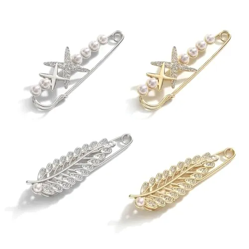 Zasjon 4 Piezas Imperdibles Broches de Mujeres Clips de Chal Suéter, Broche de Falso Perlas y Cristal, Imperdibles Broches para Ropa para Novia Camisa, Vestido, Chal, CáRdigan