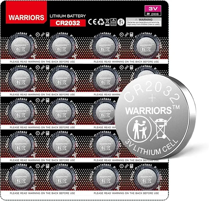 Warriors 20X CR2032 2032 Pilas de Litio de 3V Tipo Botón, Empaque Seguro para Niños, para Dispositivos Electrónicos y Llaves de Coche