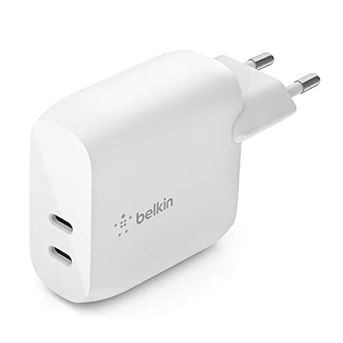 Belkin Cargador de Pared USB Type C PD de 40 W (dos Puertos USB-C de 20 W cada uno para Carga Rápida PD para iPhone 16 o 15, iPad Pro, Galaxy y Otros)