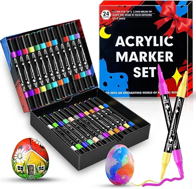 24 Colores Rotuladores Acrilicos, Doble Punta,Rotuladores Permanentes de Colores,Cerámica, Vidrio, Madera, Tela, Lienzo y Metal. a Base de Agua, Secado Rápido, No Tóxico y Sin Olor