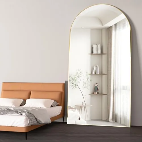 NEUWEABY Arqueado Espejo de Cuerpo Entero Espejo de pie con Soporte 198 x 96cm Espejo de Pared Grande Oro Colgado de pie o apoyado contra la Pared para la Entrada del Dormitorio