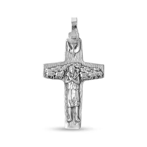 Inmaculada Romero IR Cruz del Buen Pastor Colgante en Plata de Ley 925m macizo de 37mm. del Papa Francisco