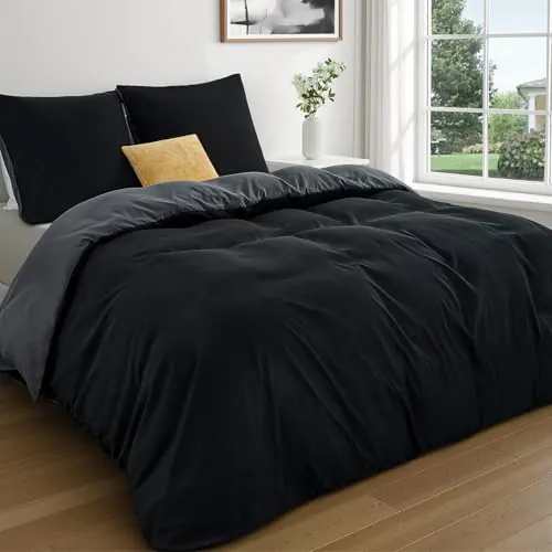 Duvetnova Funda Nórdica Cama 180 Negro/Gris,Súper Suave Diseño Doble Cara A/B con Cremallera, Certificación Oeko-Tex 1 Funda de Edredón 240x220 + 2 Fundas de Almohada 80x80 cm