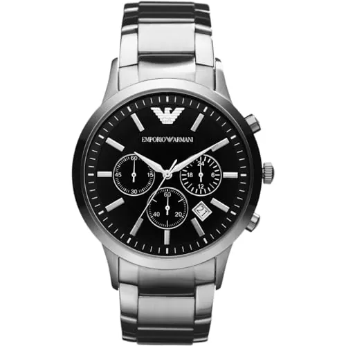 Emporio Armani Watch For Men, Quartz 3 Sub dial Chronograph Movement and 43mm Case Size with Stainless Steel Strap