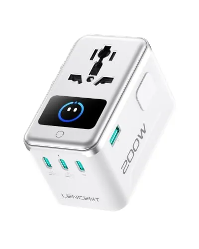 LENCENT 200W GAN Adaptador Universal para Portátiles(65W/100W/120W/140W) | Adaptador de enchufe internacional con pantalla inteligente, adaptador universal de viaje tipo C/G/A/I para Estados Unidos