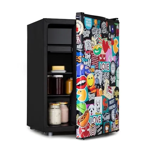 Klarstein Cool Vibe - Refrigerator, capacity: 70 litres, VividArt Concept: door with sticker bomb design print, ice compartment, ice cube tray, noise level: 42 dB, black