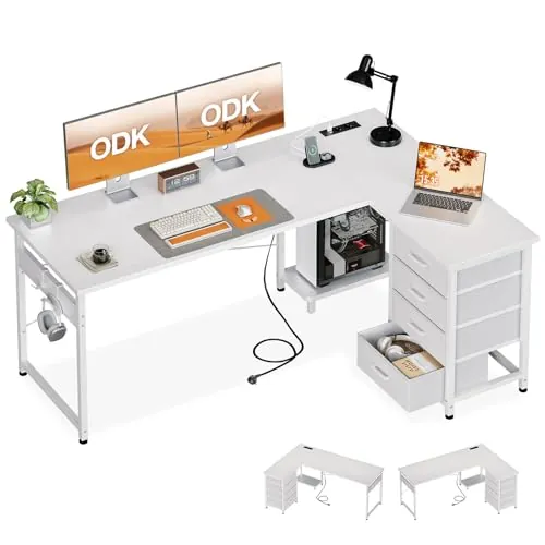 ODK Escritorio Esquinero con Cajones, 155×110 cm Escritorio en L con Enchufes y Puerto de Carga USB, Escritorio Esquina Reversible con Almacenamiento para Oficina en Casa, Blanco