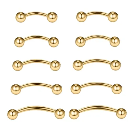 Gojewen 10 piezas Curva Barbells 16G Acero inoxidable 6mm 8mm 10mm 12mm 14mm Oro Ceja Piercing para la Labio Daith Rook Hélix Septo Puente Ombligo Piercing
