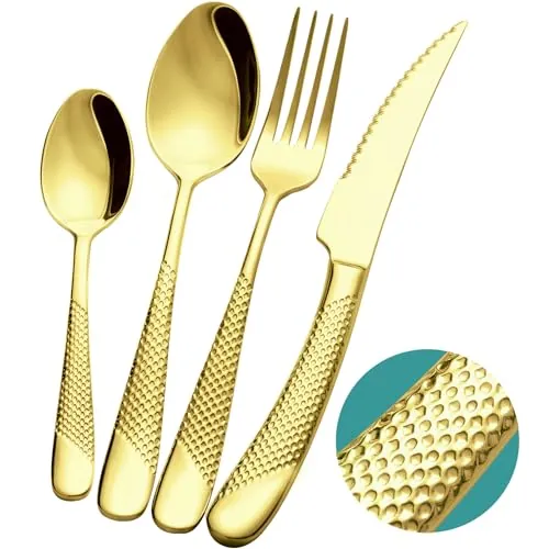 Xideman® Juego de cubiertos martillados champán dorados modernos de 24 piezas con cuchillo dentado 2 en 1 ultra afilado, set de cubiertos acero inoxidable 18/10, cuberterias completas 6 personas